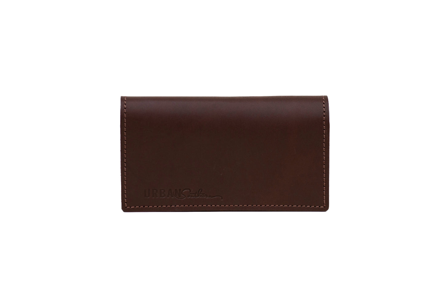 The Urban Southern handcrafted leather Checkbook Cover in Chestnut Brown.