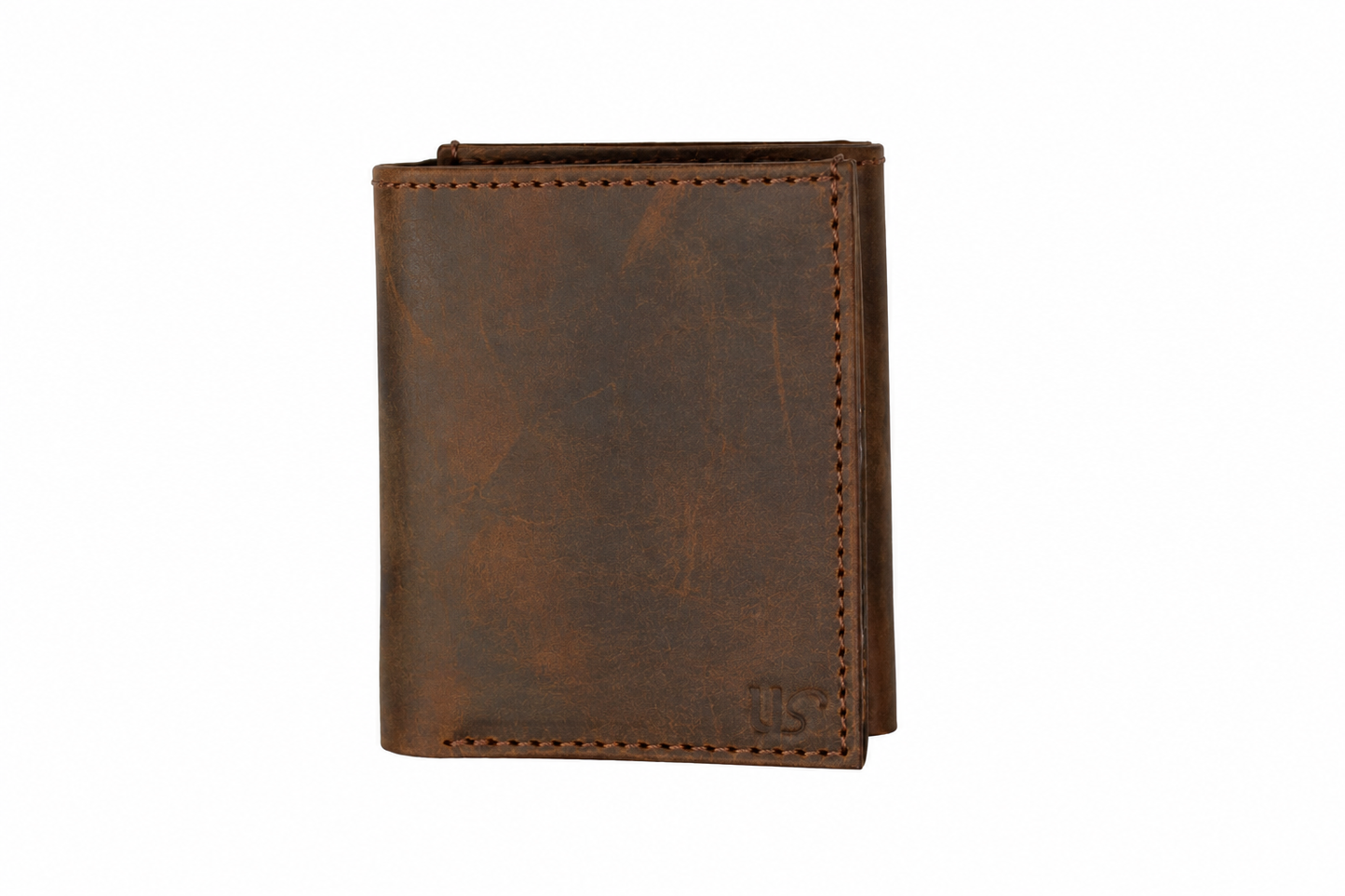 a dark brown swirled leather trifold wallet is shown closed with a white background 