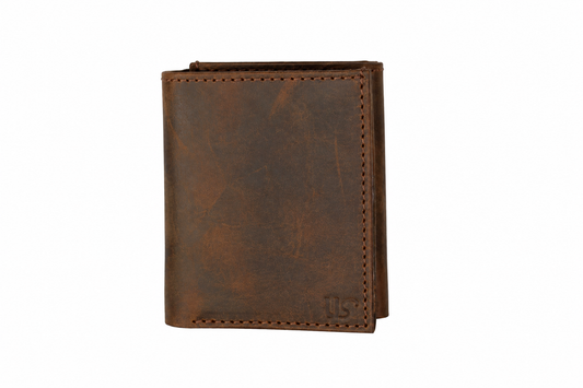 a dark brown swirled leather trifold wallet is shown closed with a white background 
