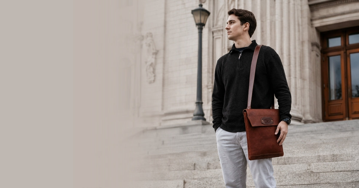 A man wearing a black long-sleeve top and light gray pants stands on stone steps in front of a classical building, carrying a brown leather messenger bag over his shoulder.