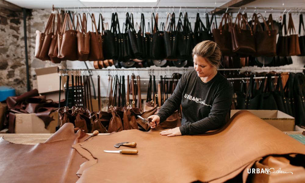 Load video: Video showcasing the Urban Southern workshop, showing bags being handcrafted one-by-one.