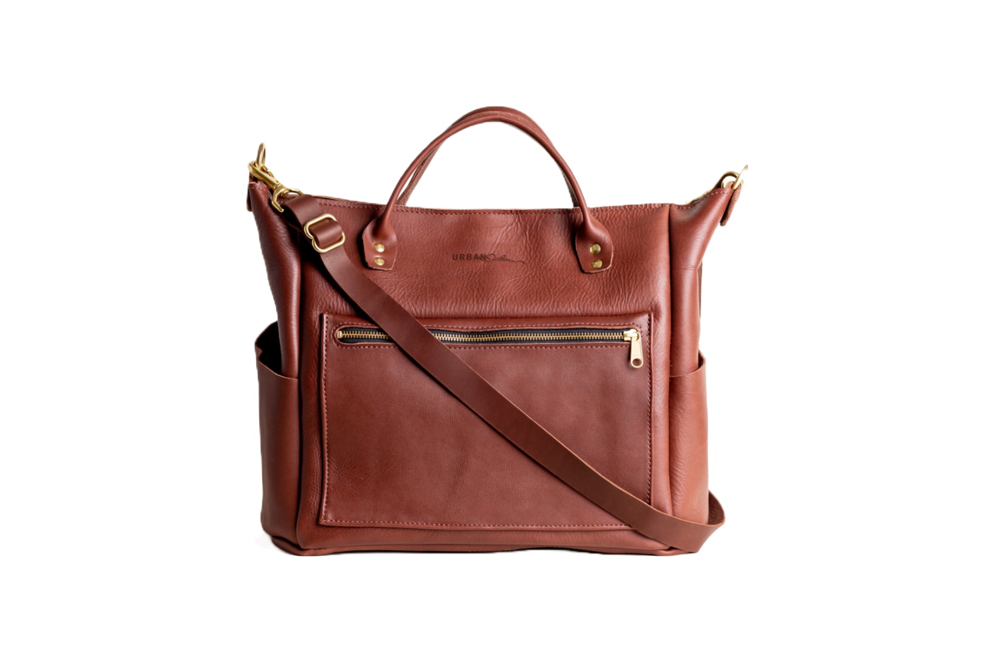 The Urban Southern handcrafted leather Legacy Voyager bag in Chestnut Brown.