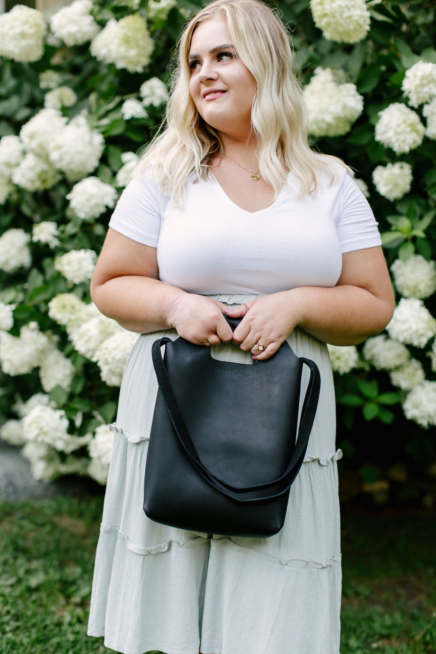 The Urban Southern handcrafted leather Mini Market Tote in Black.