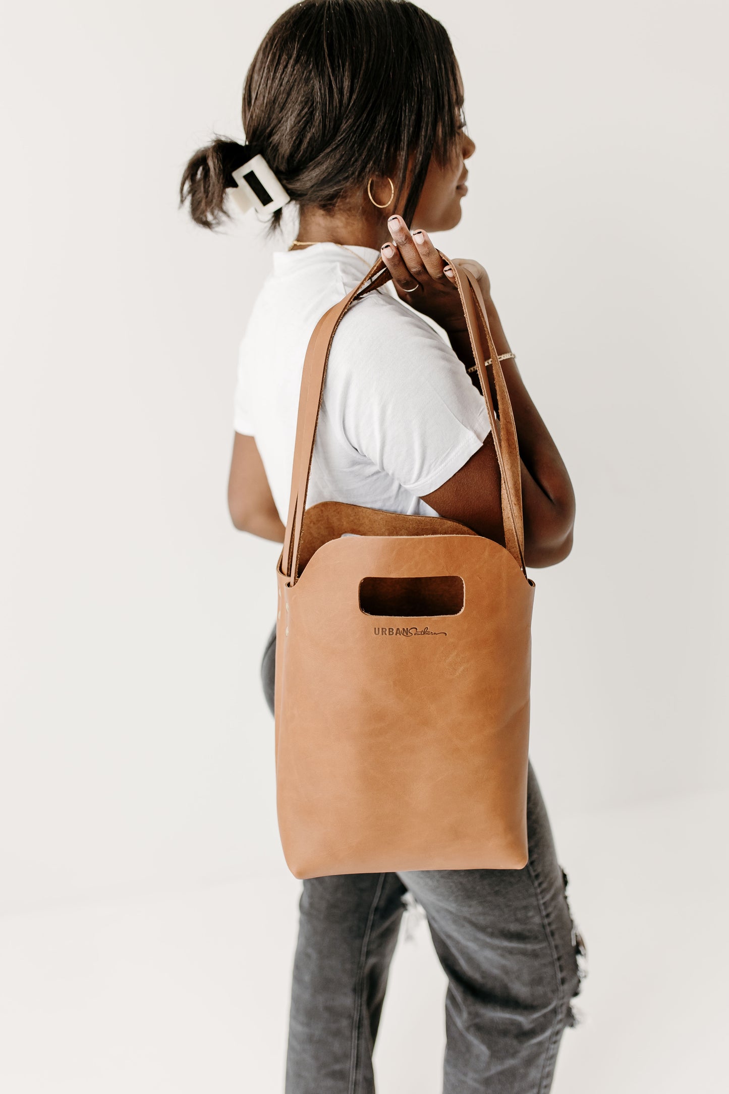 The Urban Southern handcrafted leather Mini Market Tote in Honey.
